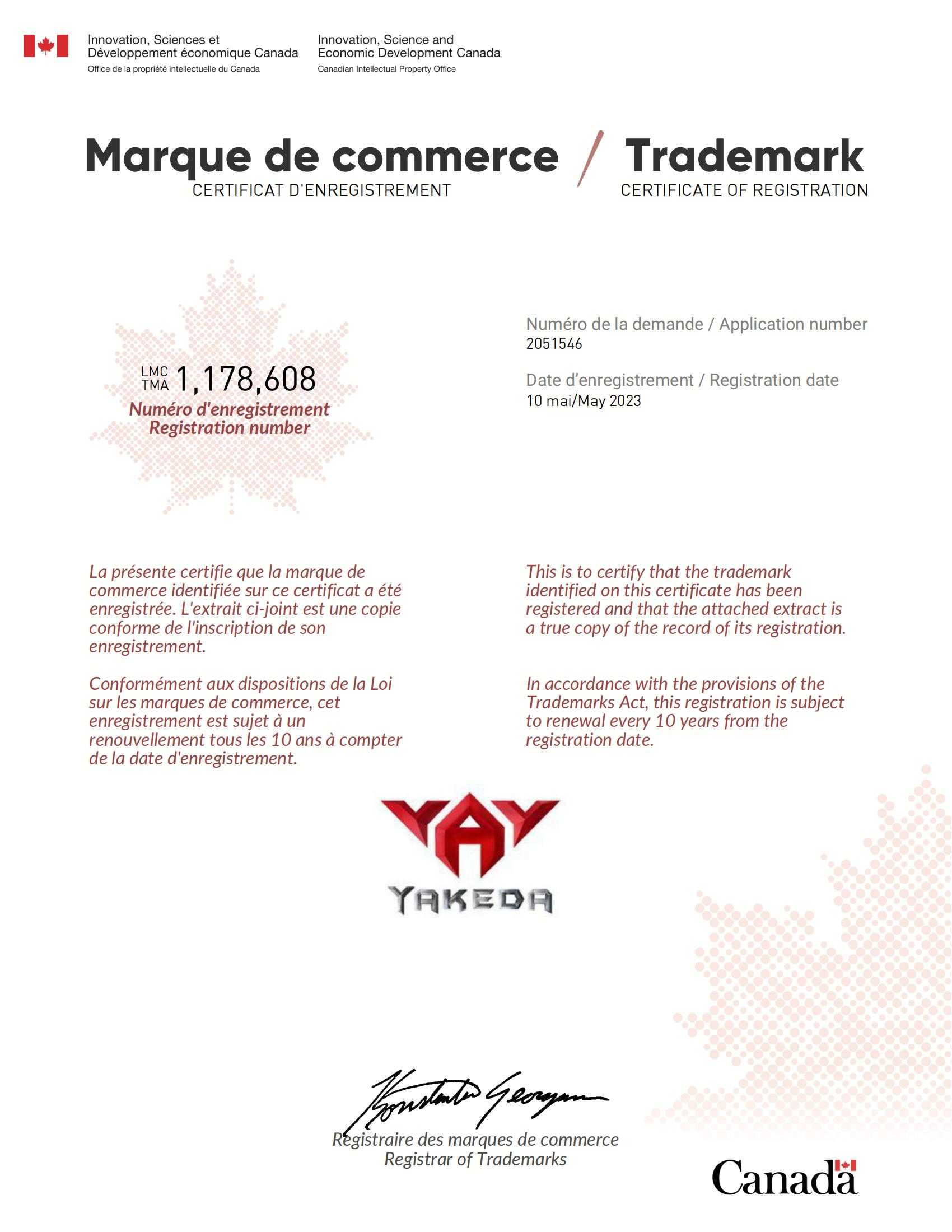 Certificat de marque canadienne
